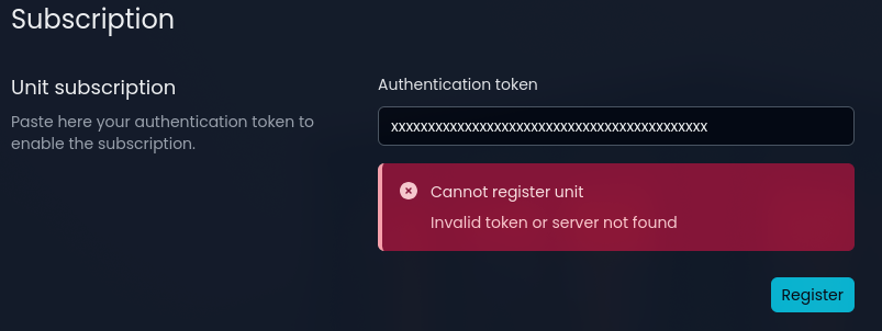 Cannot register unit invalid token or server not found